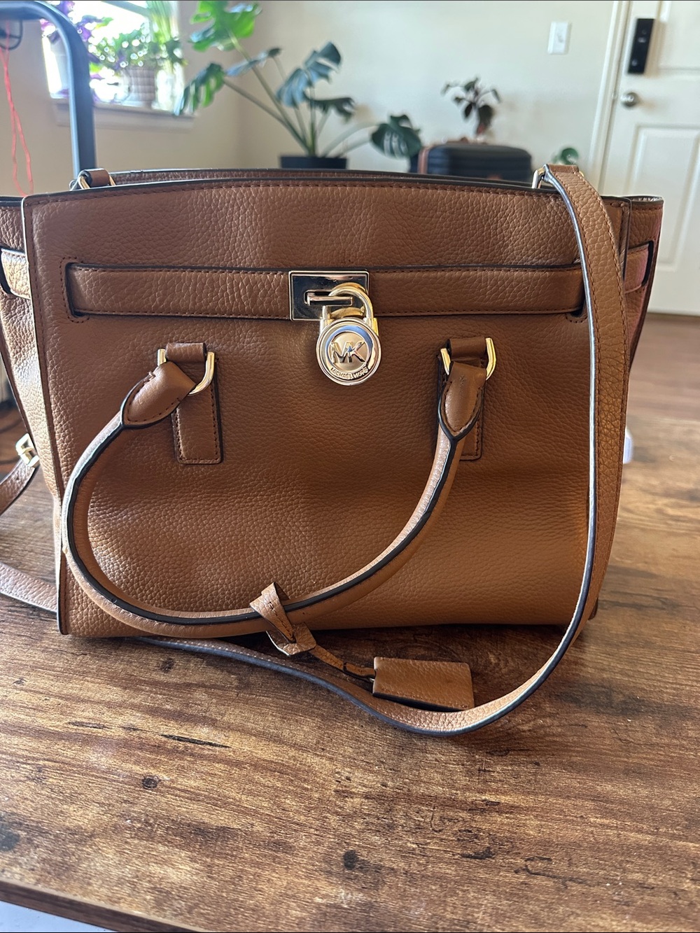 Michael Kors Tan Pebbled Leather Satchel with Gold-Tone Lock